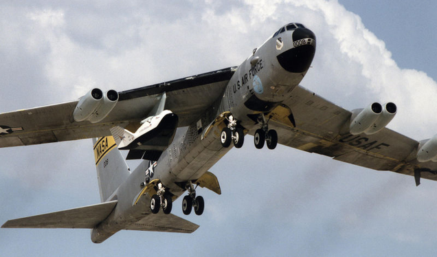The size and power of the B-52 made an excellent mothership for testing experimental aircraft and missiles. Here, “Balls 8,” NASA’s workhorse B-52B mothership, carries the NASA X-38 emergency crew return vehicle during a drop test in 1999 (NASA)
